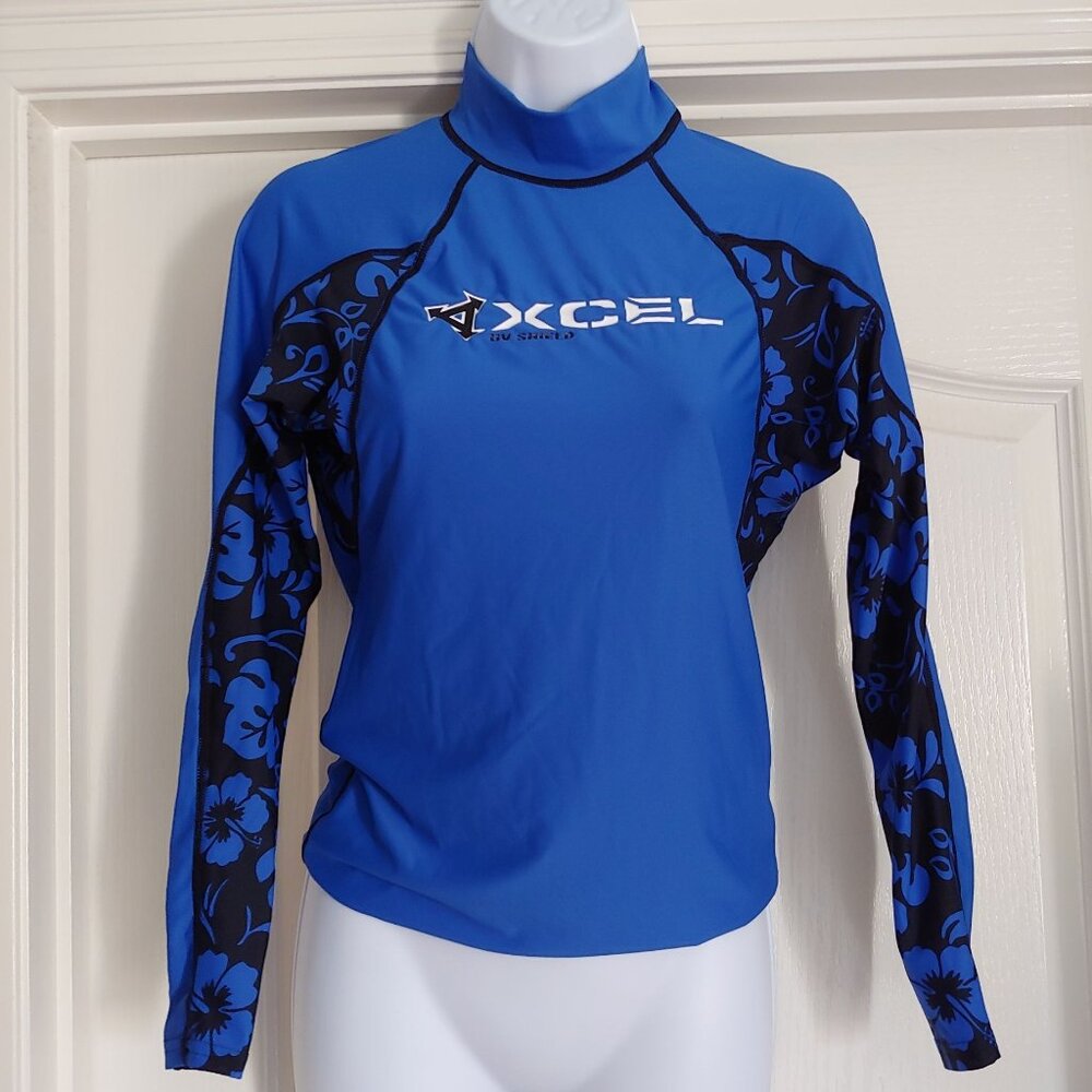 Xcel Hawaii L-Sleeve Blue Compression Surf Swim Rash Guard UPF30+ Sun Protection